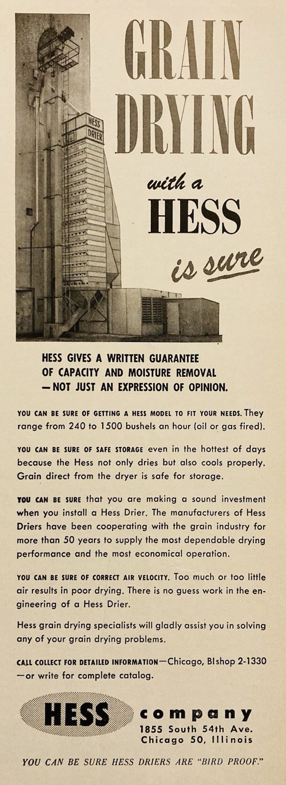 1957 AD.(XH84)~HESS CO. CHICAGO. HESS GRAIN DRYING EQUIPMENT