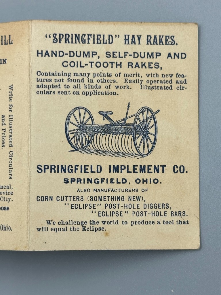 1890 SPRINGFIELD Ohio Implement FARM Advertising ECLIPSE Trade Card QUAKER CITY