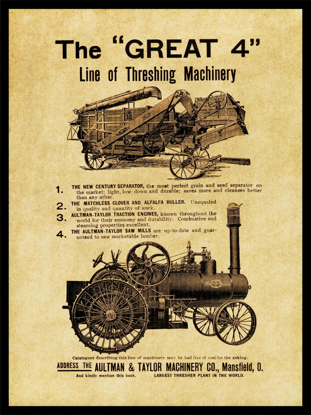 1905 Aultman & Taylor Machinery NEW Metal Sign: Traction Engine. Mansfield, OhiO