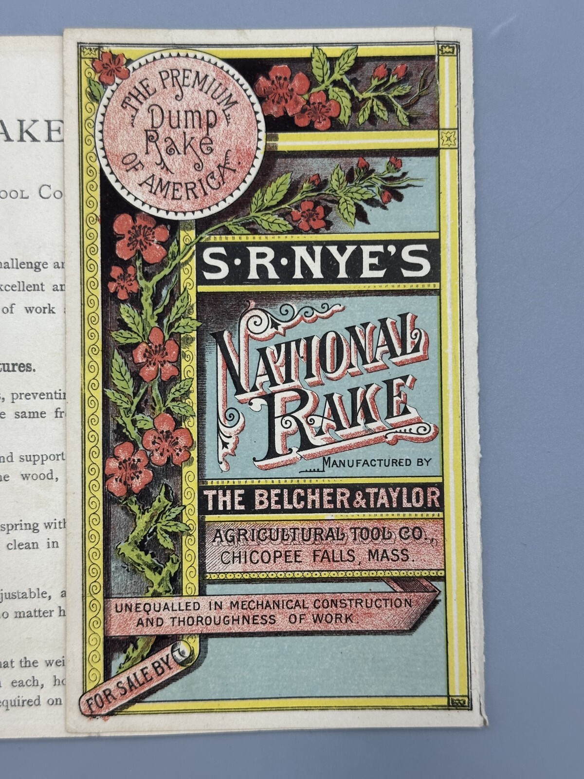 1880s SR NYE&rsquo;s Rake Victorian FARM Advertising Fold Trade Card CHICOPEE FALLS MA