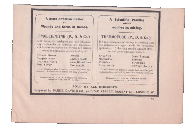1908 Print Ad Parke Davis Emolliente Thermofuge Horse Medicine London England