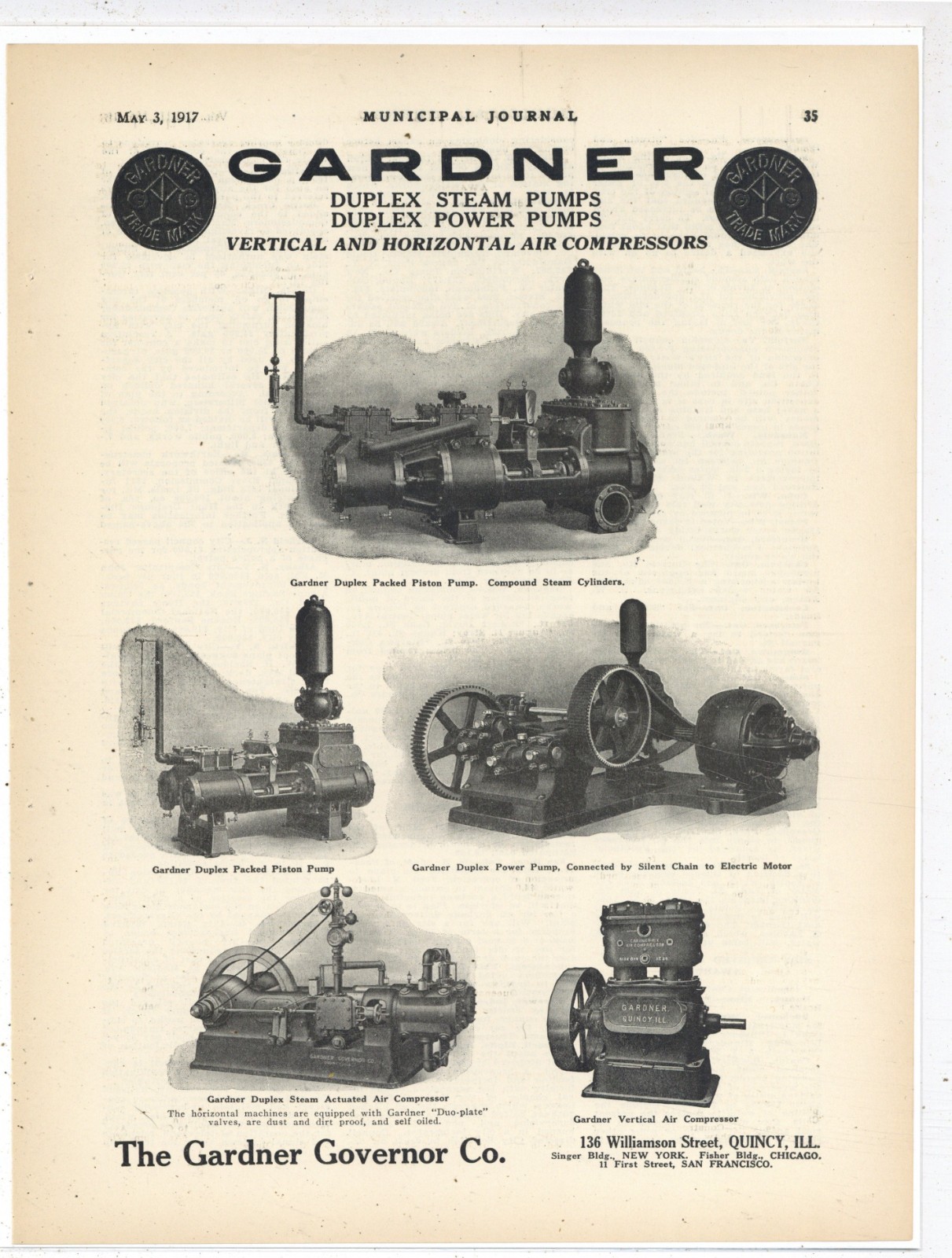 1917 Gardner Governor Co. of Quincy Illinois Ad: Duplex Steam & Power Pumps
