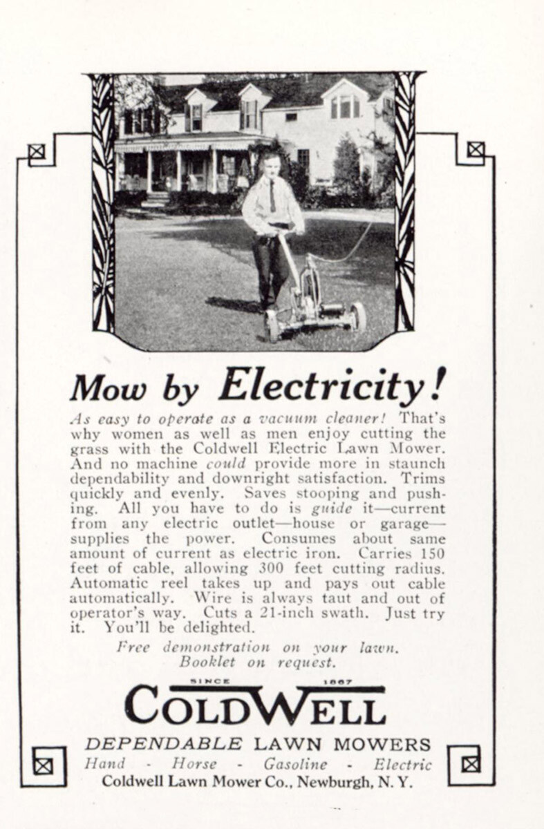 1927 Coldwell Lawn Mower: Mow by Electricity Vintage Print Ad