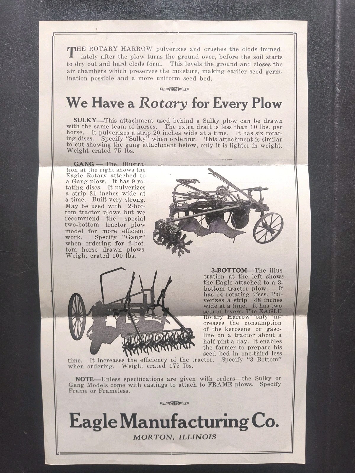 1920 Eagle Mfg. Rotary Harrow Dealer Advertising Brochure Lot Farming Ad Ill
