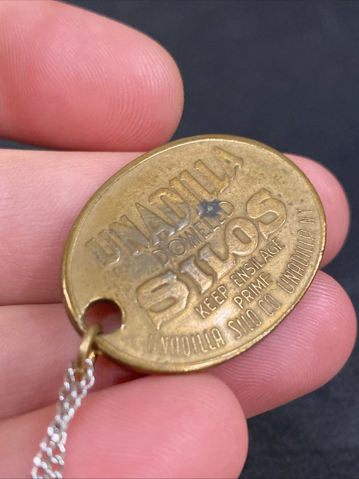 1906 ANTIQUE UNADILLA SILOS NY FARM ADVERTISING PENDANT KEYCHAIN CHARM FOB TAG