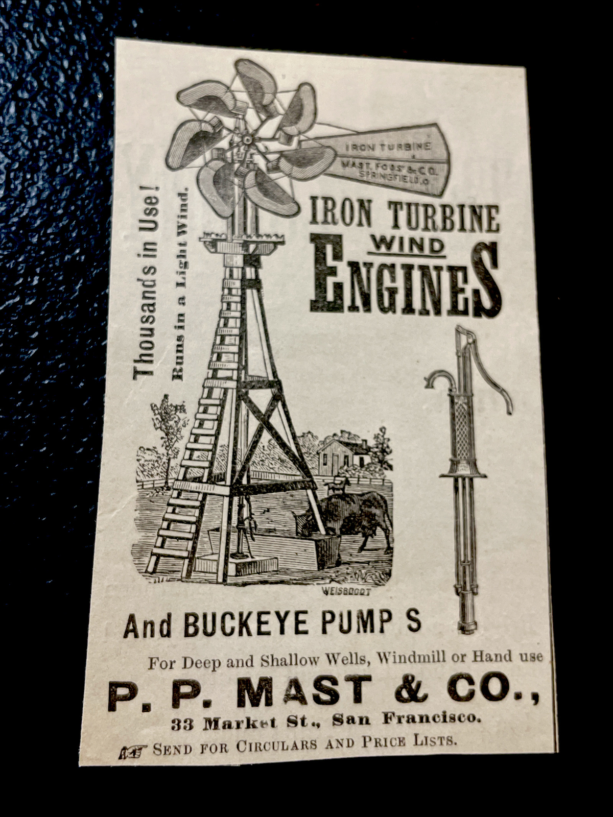 1883 Mast Windmill & Engines Farm Advertising Engraving – San Francisco