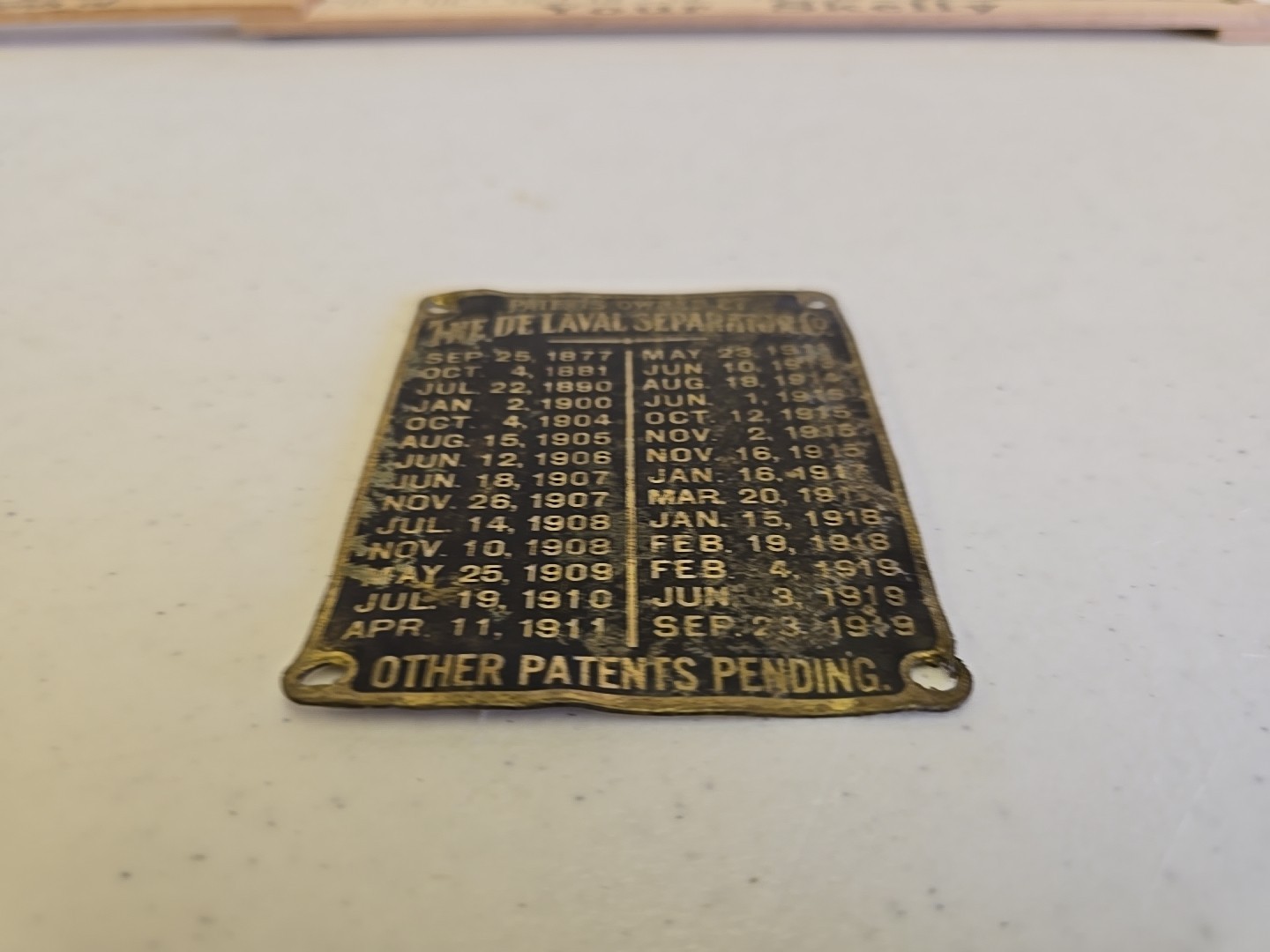 Antique De Laval Seperator Co Advertising 1919 Brass Patent List Badge Emblem