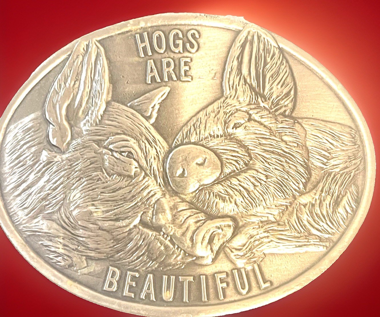 National Pork Producers Council Hogs Are Beautiful 1975 Belt Buckle Pigs Vintage