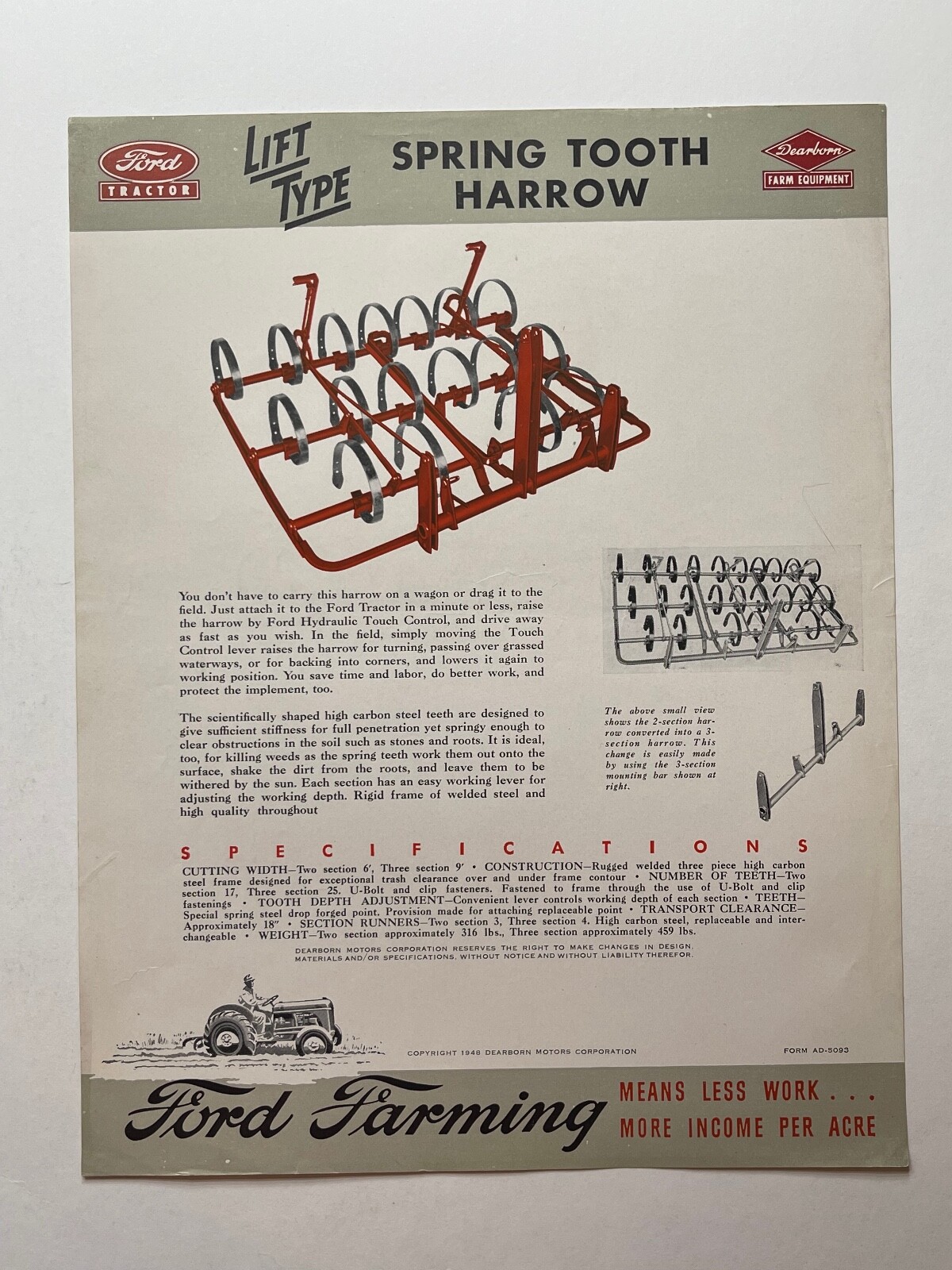 Ford « N » Series- Lift Type Spring Tooth Harrow Sales Brochure *1947*