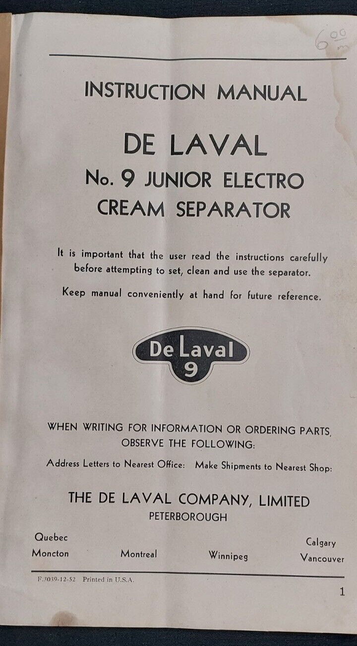 1952 Instruction Manual De Laval No. 9 Junior Electro Cream Separator Canada
