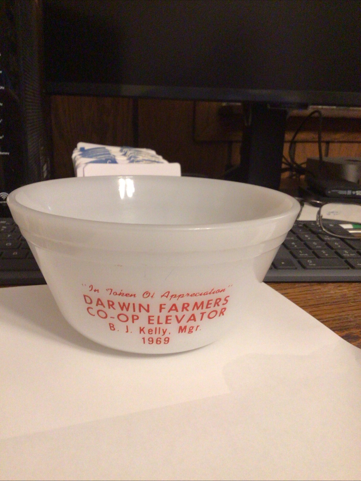 6” DIA. FEDERAL GLASS BOWL DARWIN FARMERS CO OP ELEVATOR 1969 B J Kelly