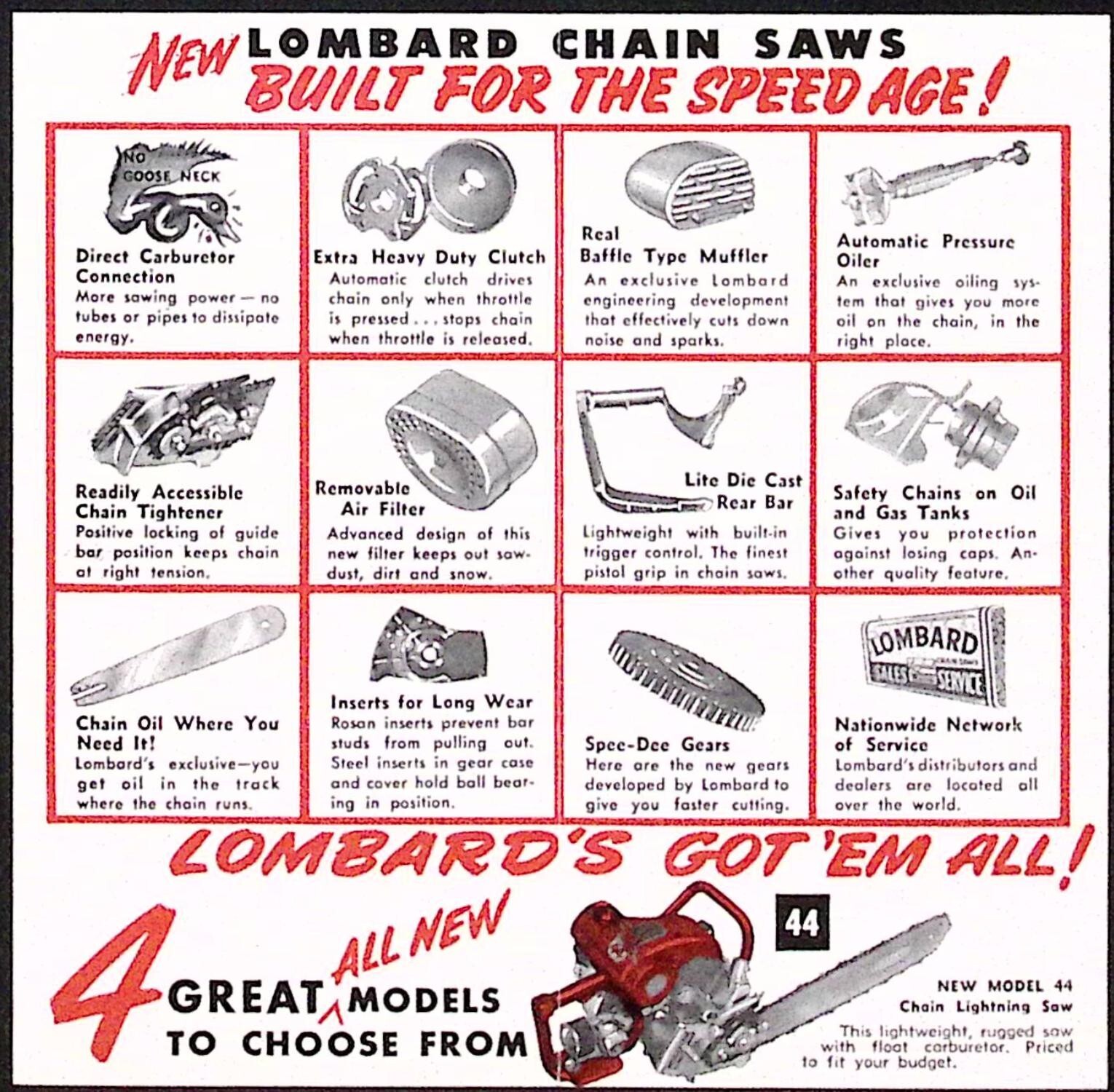 1959 Lombard&rsquo;s New Gear Drive Direct Drive Chain Saws Dealer Brochure Ashland MA