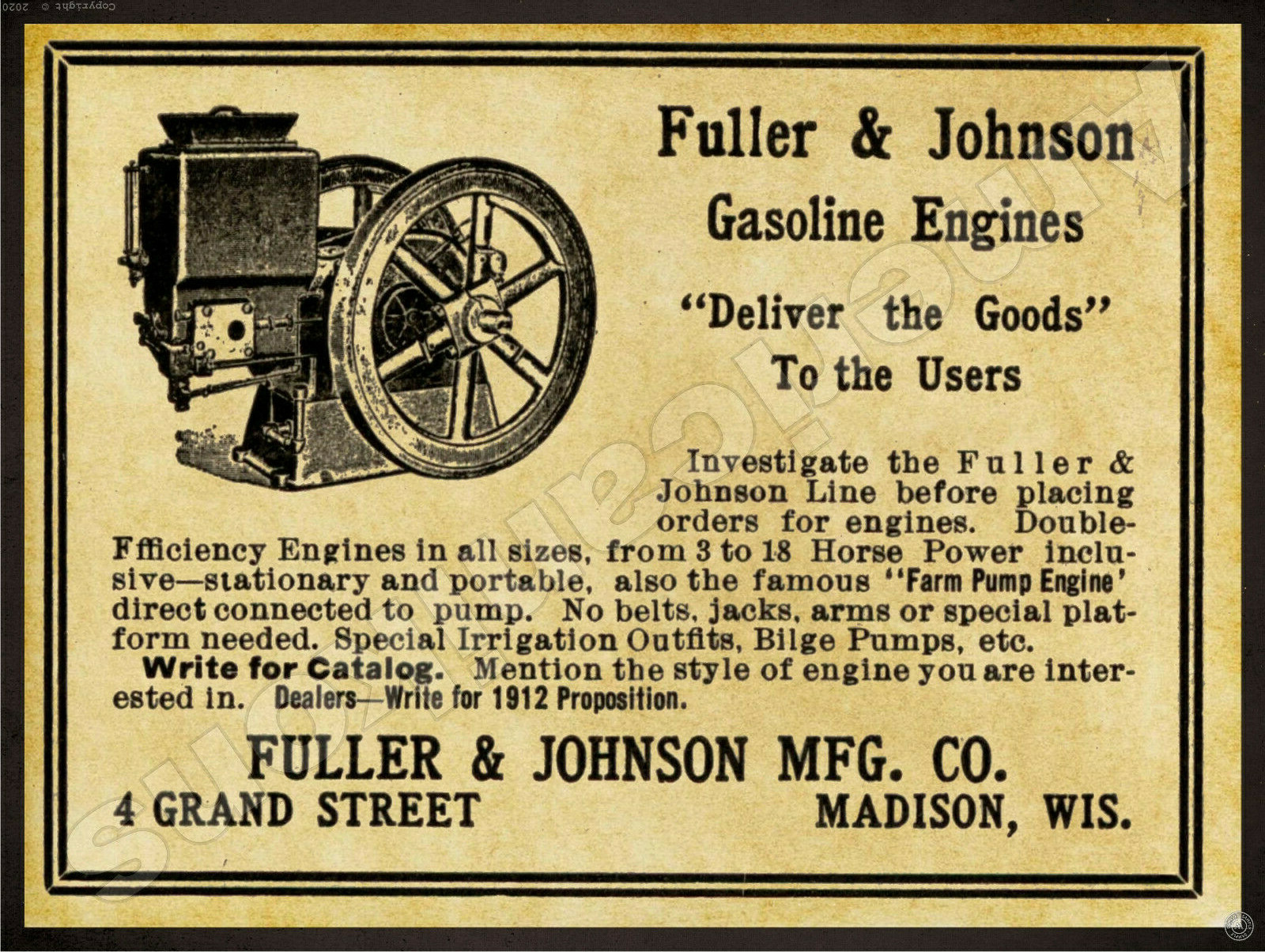 1912 Fuller & Johnson Gasoline Engines New Metal Sign: LARGE SIZE, Madison, WI