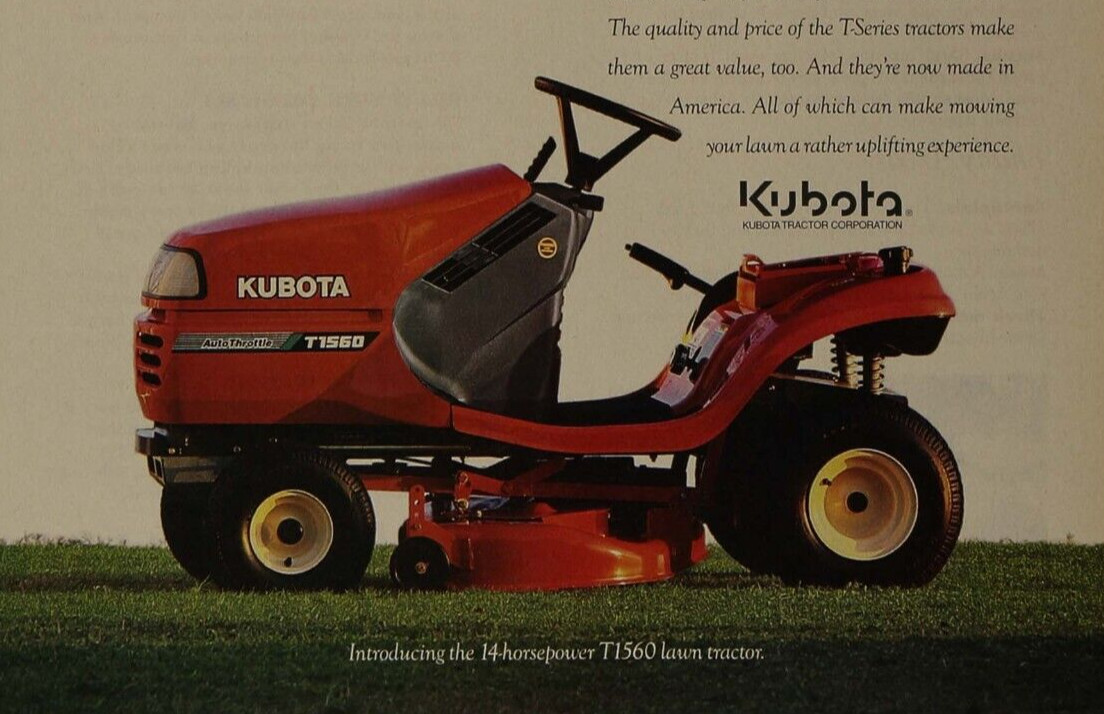 Kubota T1560 Lawn Tractor Mower Cushion Ride Vintage Print Ad 1996