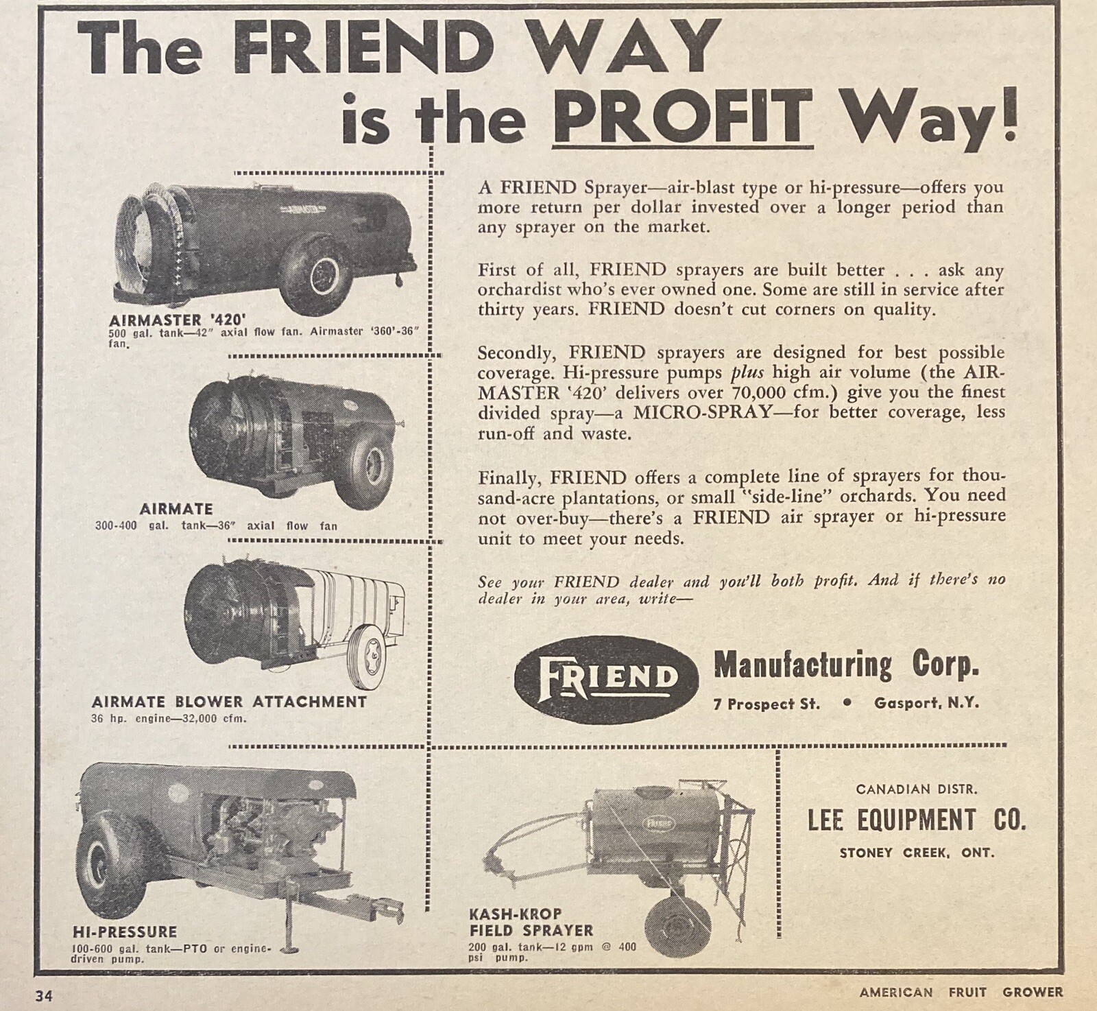 1959 AD.(XF22)~FRIEND MFG. CO. GASPORT, NY. FRIEND ORCHARD SPRAYERS