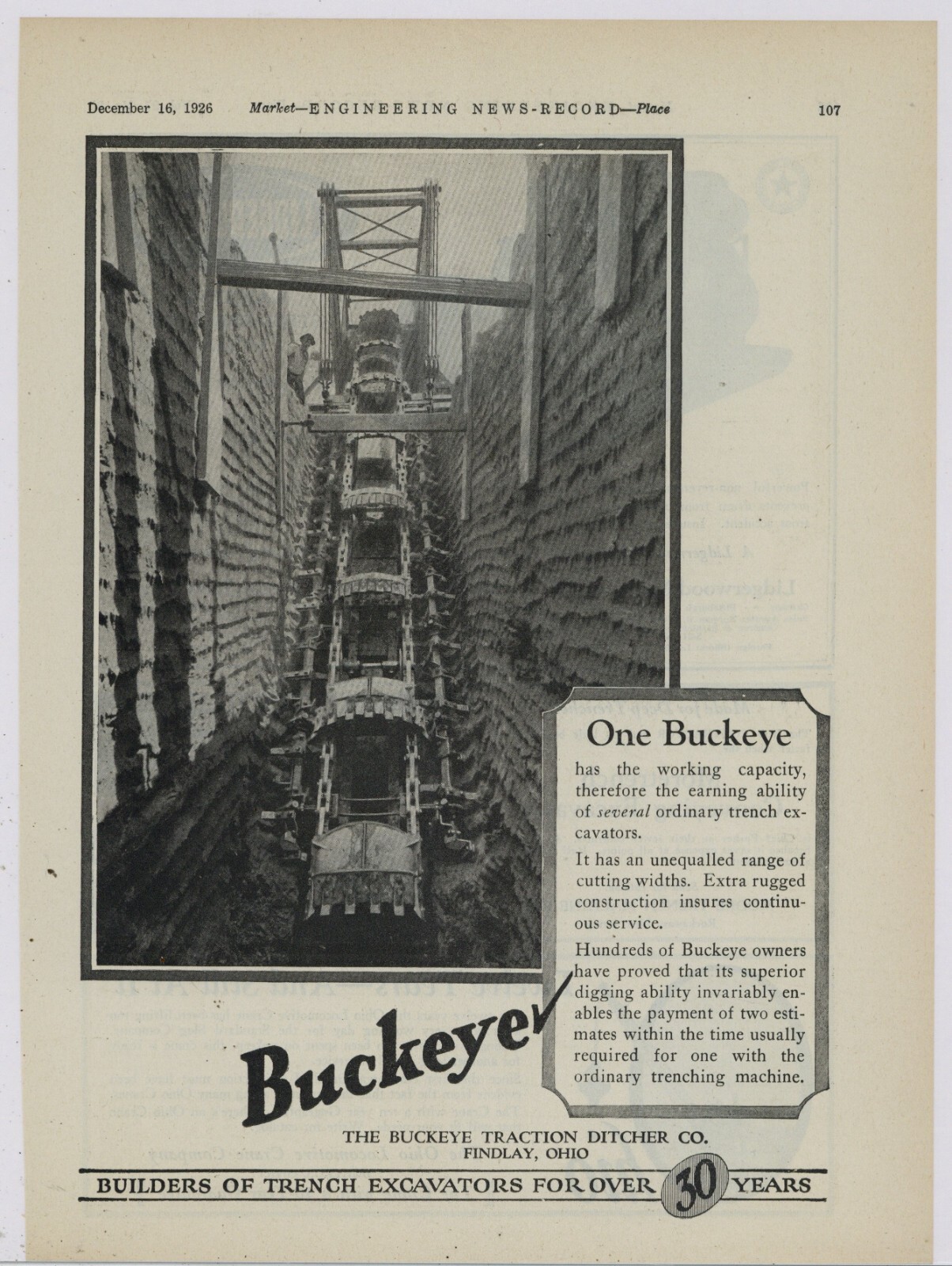 1926 Buckeye Traction Ditcher Co. Ad: Trench Excavators for 30 Yrs. Findlay OhiO