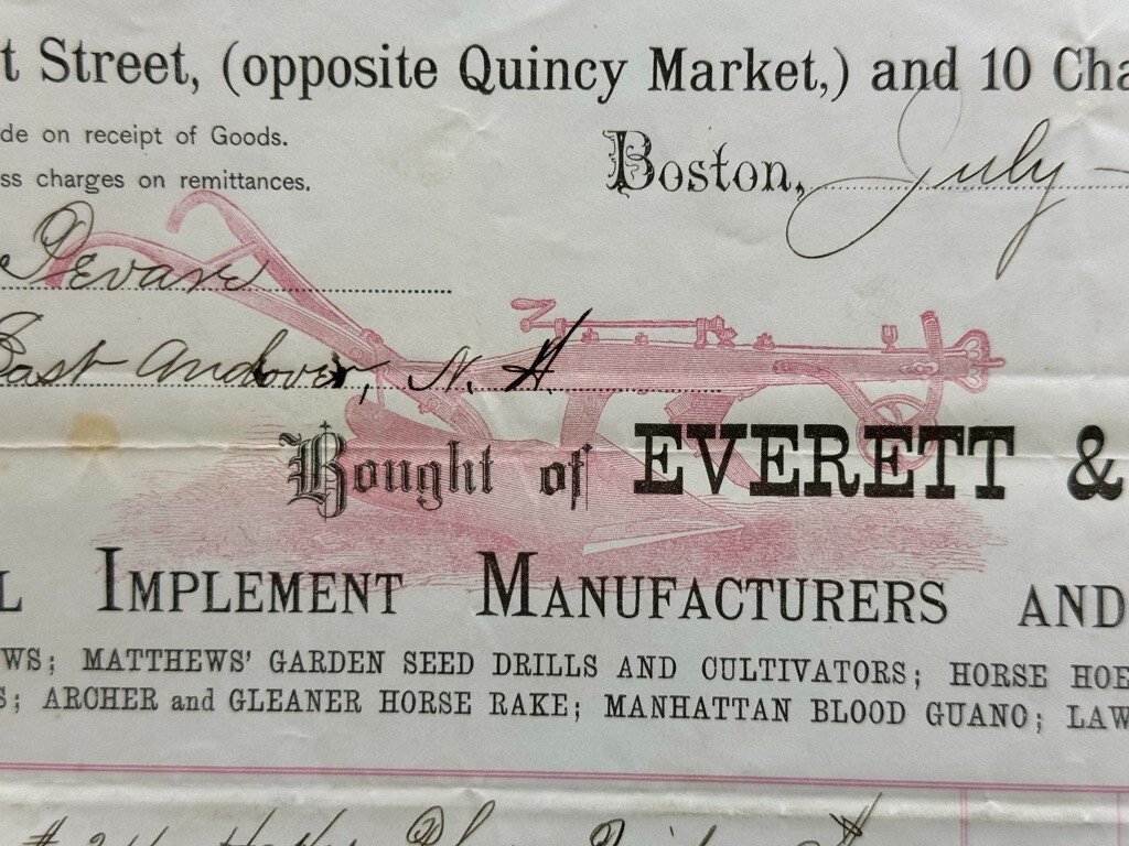 1877 Everett & Small FARM PLOW Advertising Billhead Antique BOSTON