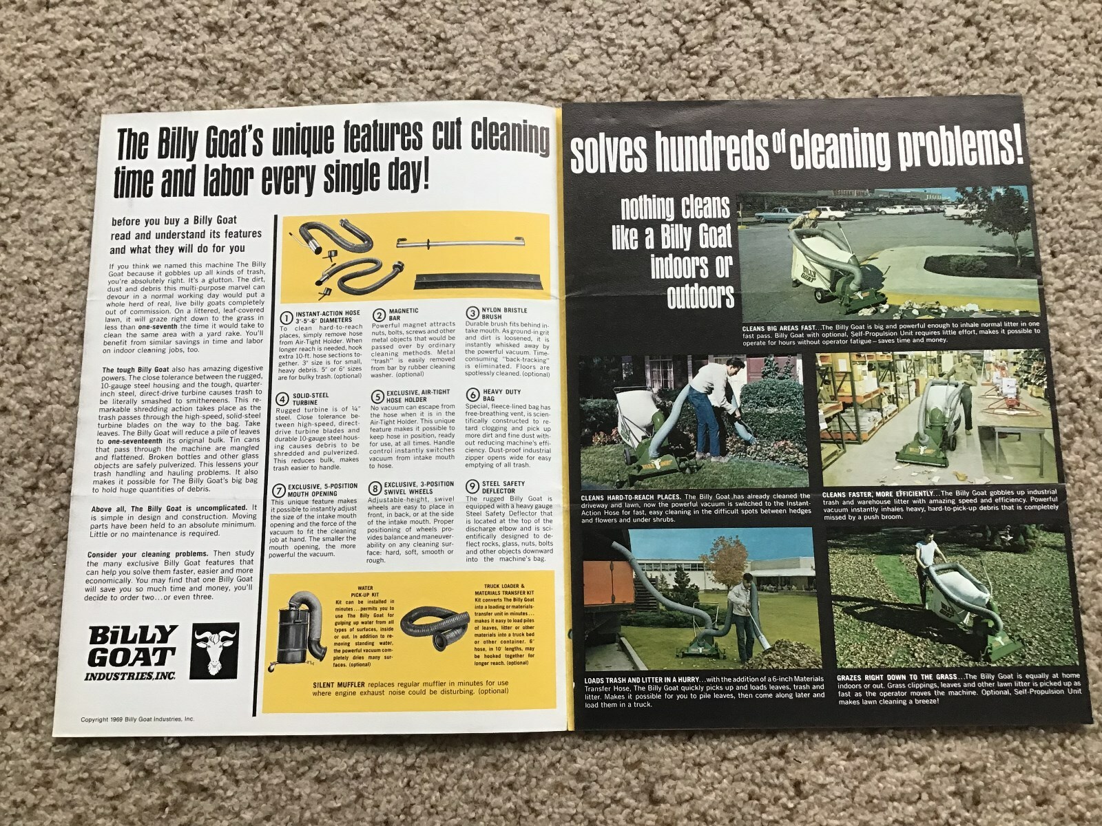 1969 Billy Goat cleanup equipment, original sales literature.
