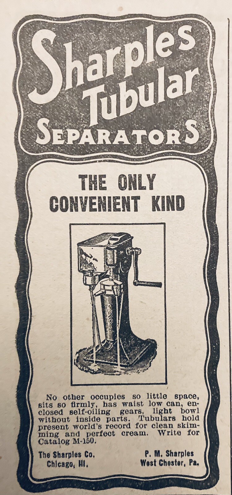 1905 AD.(XH28)~THE SHARPLES CO. CHICAGO. SHARPLES TUBULAR SEPARATORS