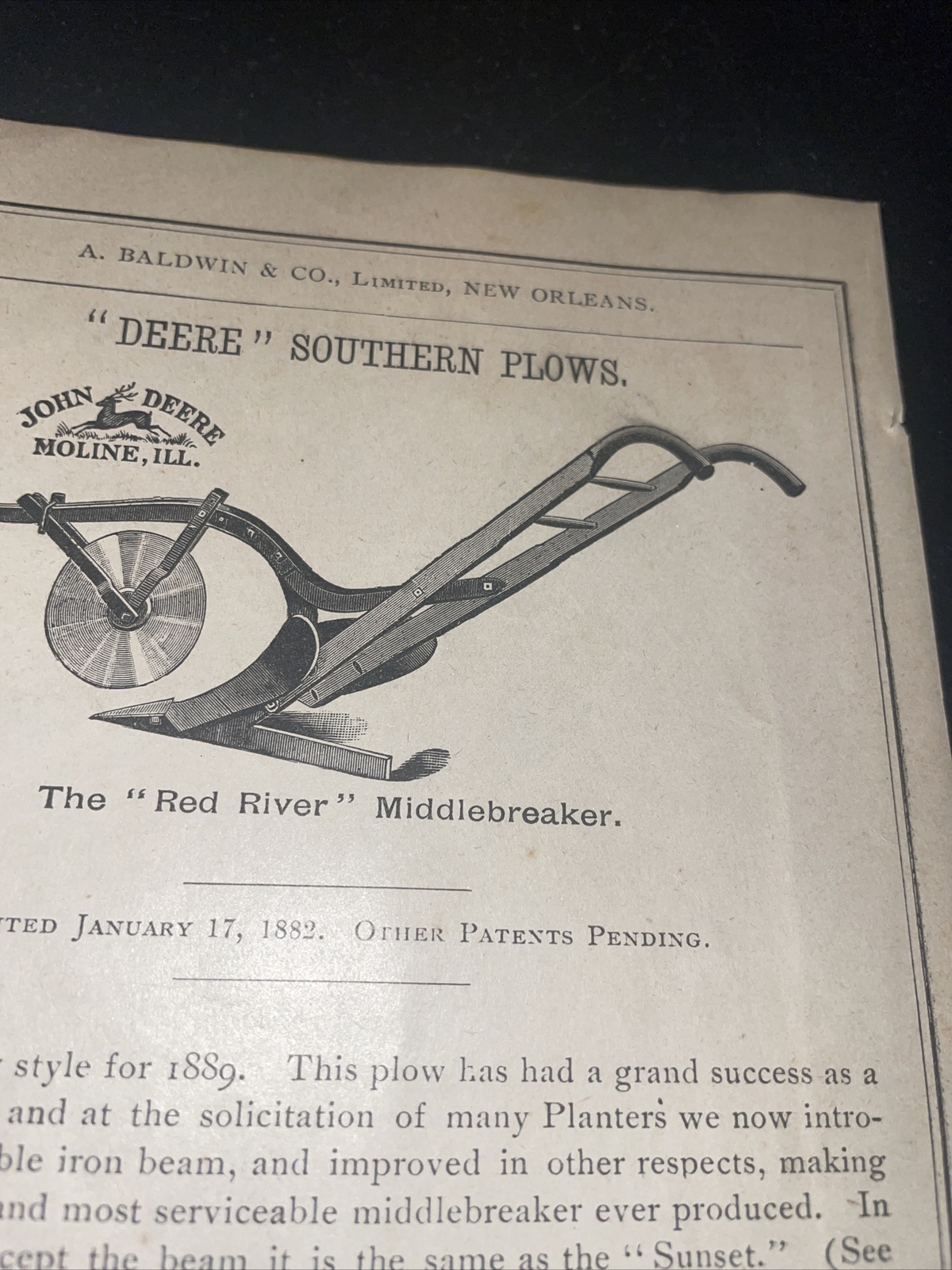1891 Baldwin John Deere Red River Plow Farm Advertising – New Orleans