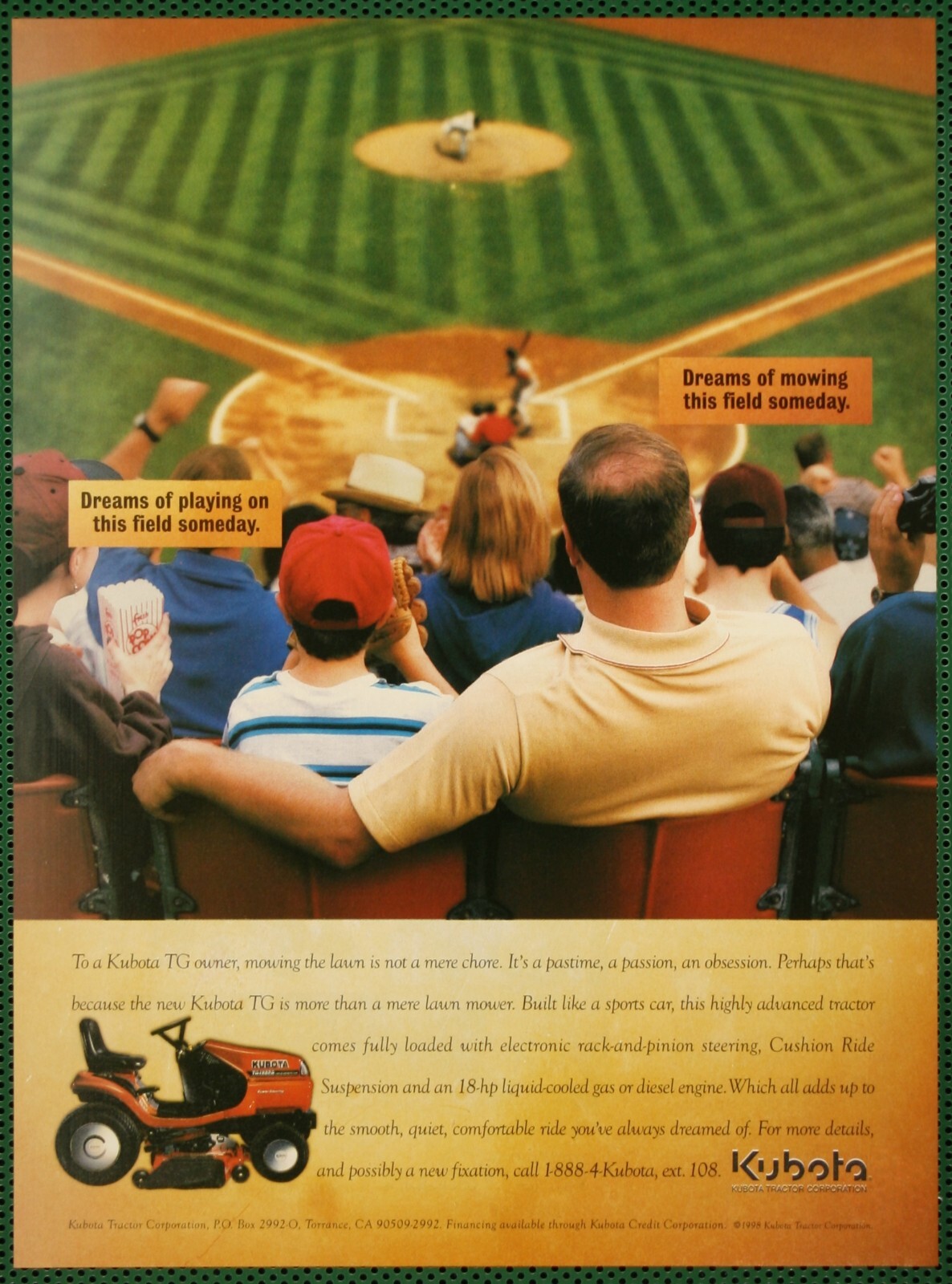 Kubota TG Riding Mower Baseball Diamond Dreams Vintage Print Ad 1998