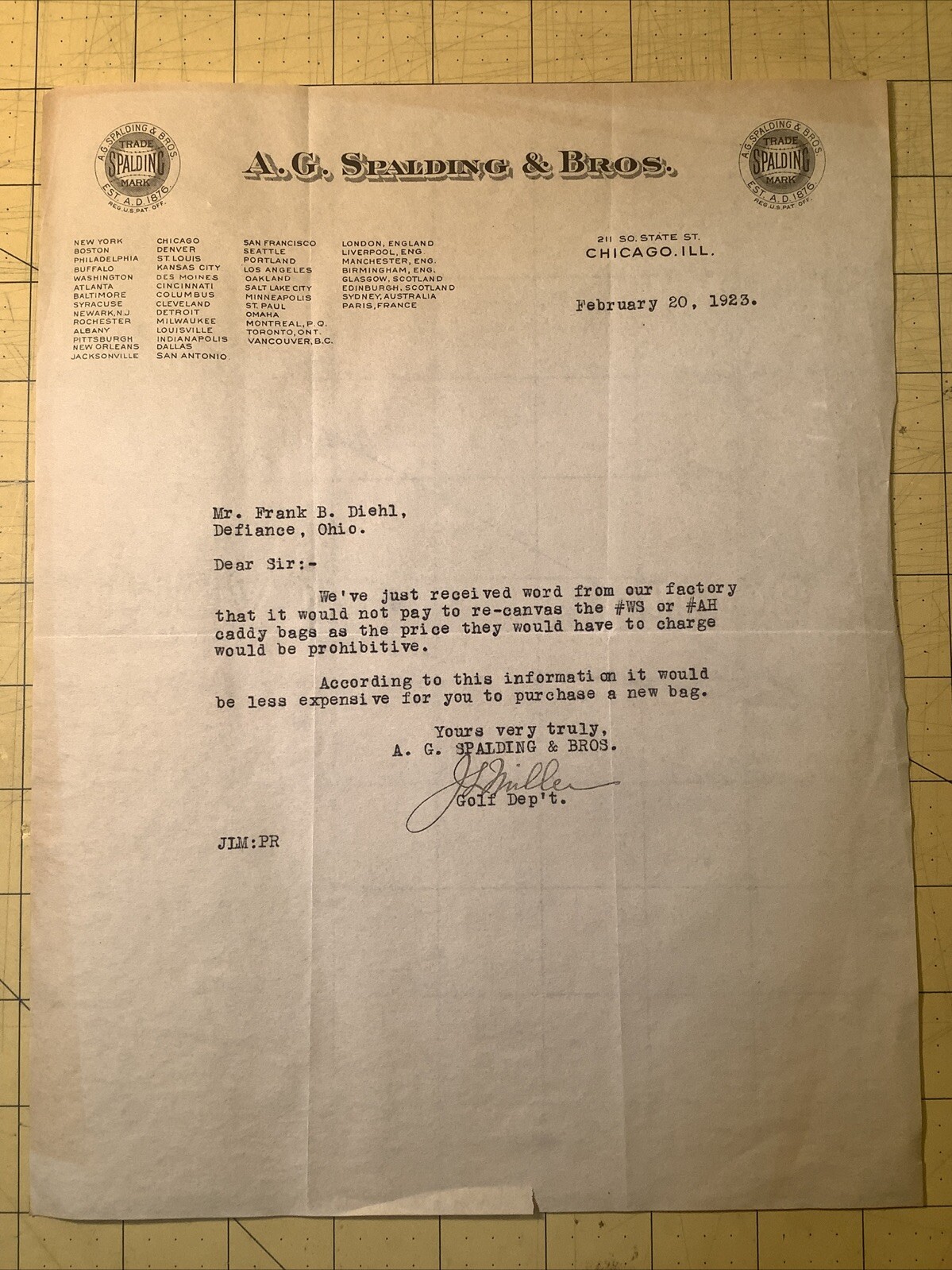 1923 Letter A. G. Spa￼lding & Bros. Chicago, Illinois INV-P0400