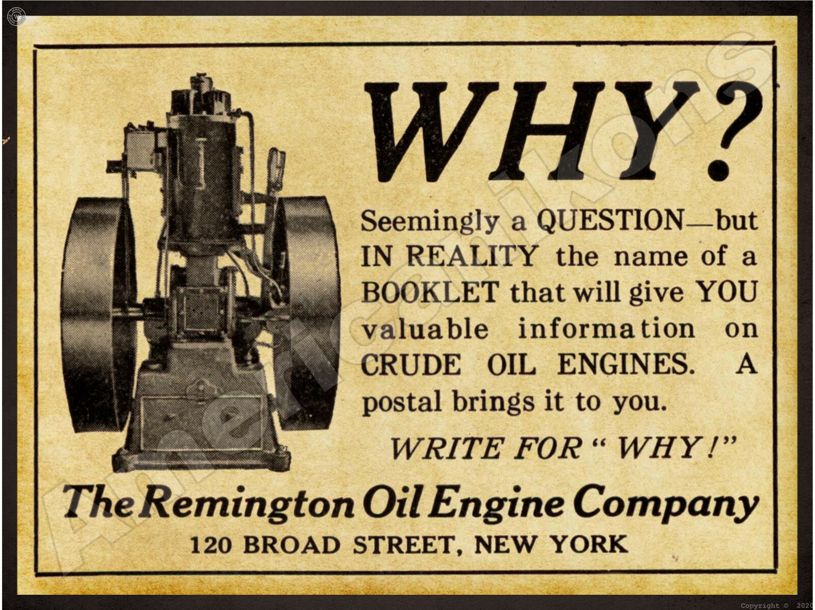 1912 Remington Oil Engines New Metal Sign: Broad Street, New York City