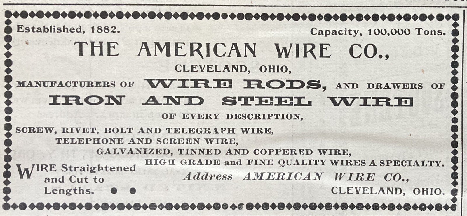 1895 AD.(XH12)~AMERICAN WIRE CO. CLEVELAND, OHIO. IRON AND STEEL WIRE