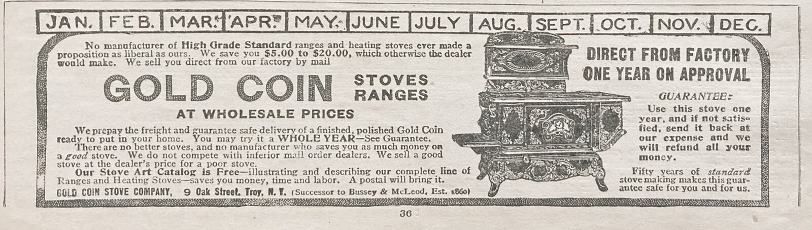 1909 AD.(XH10)~GOLD COIN STOVE CO. TROY, NY. GOLD COIN CAST IRON STOVES~
