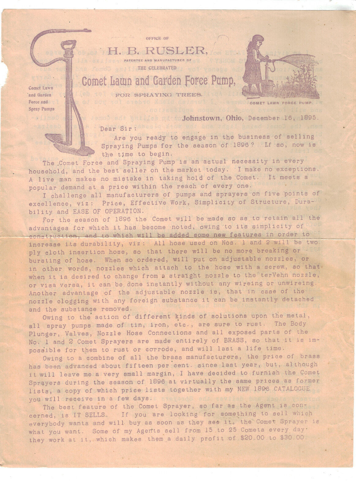 1896 Comet Lawn &Garden Force Pump Recruiting Letter Packet Price List Catalogue