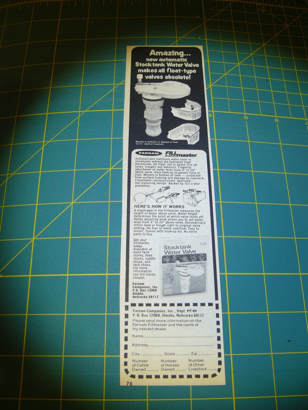 PROGRESSIVE FARMER -AD-JULY 1976 STOCKTANK AUTOMATIC WATER VALVE Omaha, Nebraska