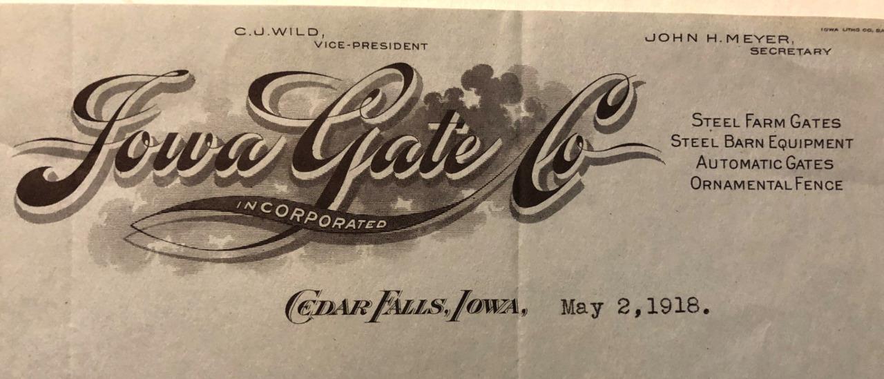 Iowa Gate Co. Farm Gates, Barn Equipment, Fencing 1918 Letter Cedar Falls, Iowa