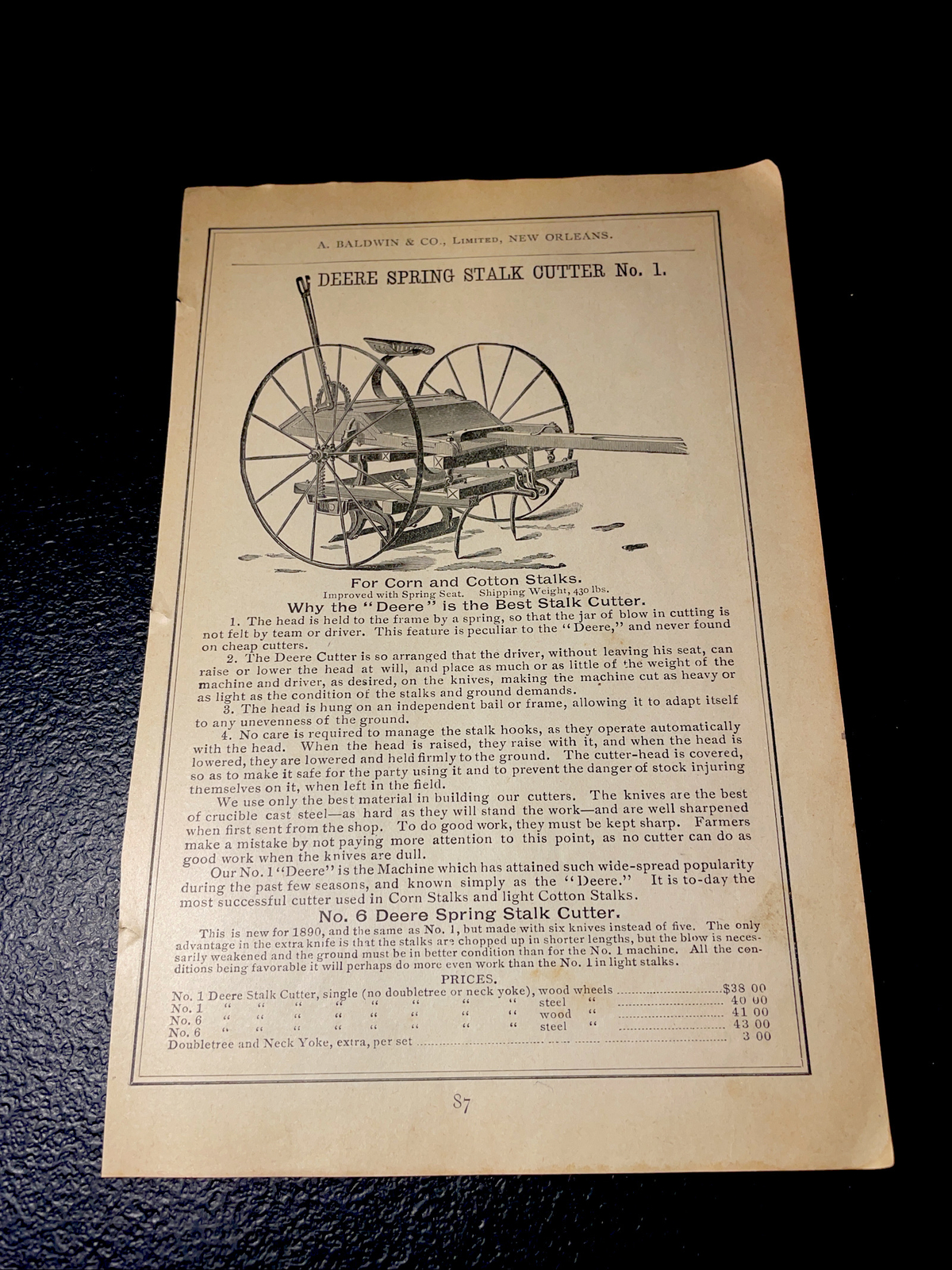 1891 Baldwin – John Deere Stalk Cutter Farm Advertising – New Orleans