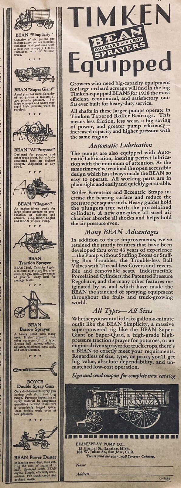 1928 AD(XH63)~BEAN SPRAY PUMP CO. LANSING, MI. BEAN ORCHARD AND CROP SPRAYERS