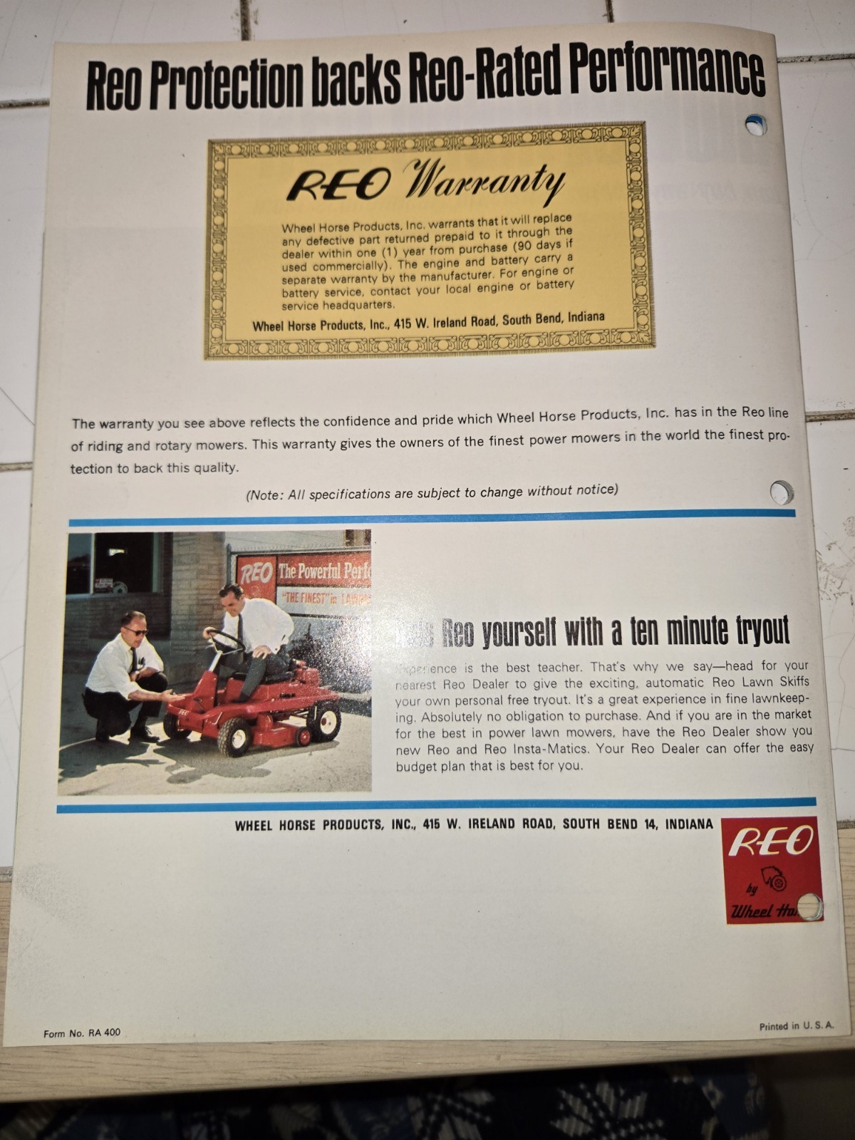 REO WHEEL HORSE DEALER BROCHURE FOR RIDING MOWERS ROTARY MOWERS LAWN SKIFF