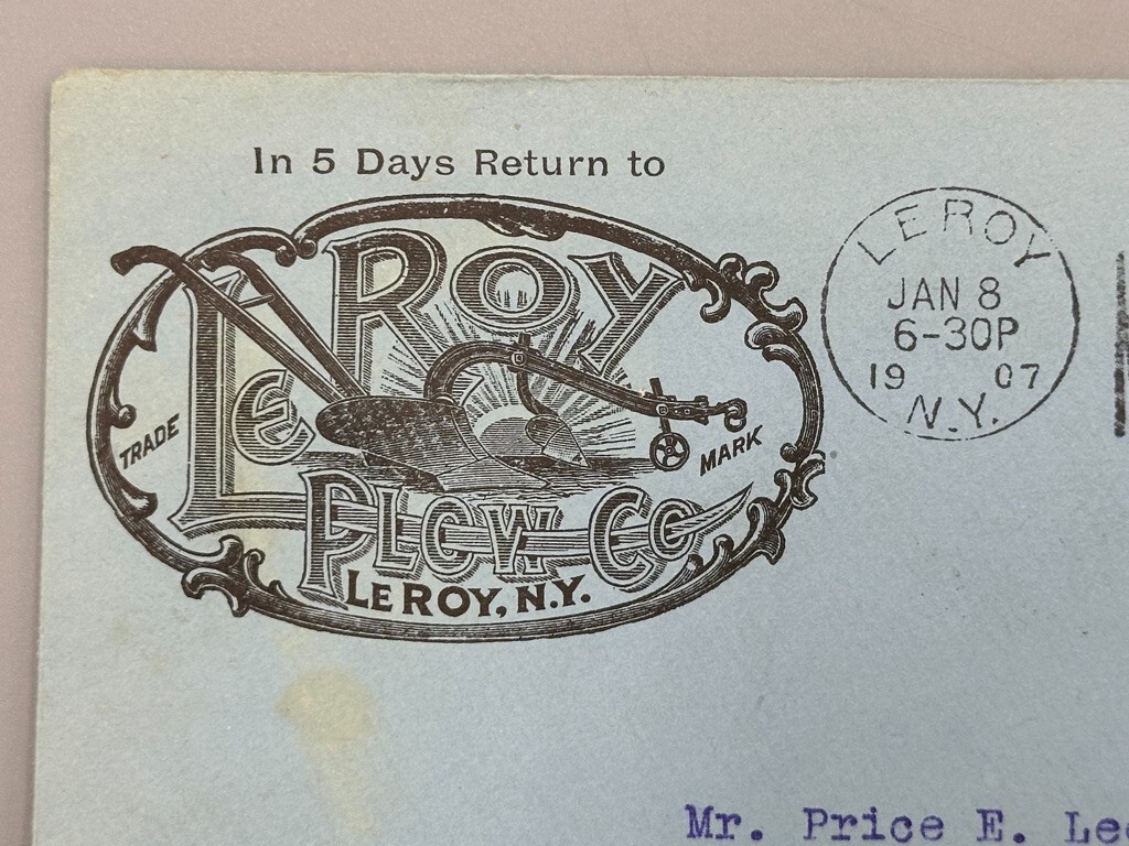 1907 LE ROY PLOW New York FARM Postal Cover Agricultural Antique ADVERTISING
