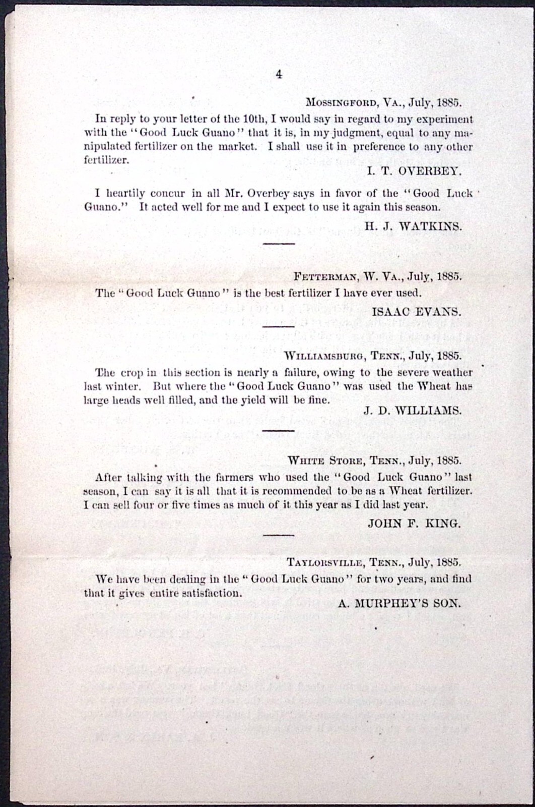 1880s Good Luck Guano Testimonials Print Ad Flyer Fertilizer Farming Gardening
