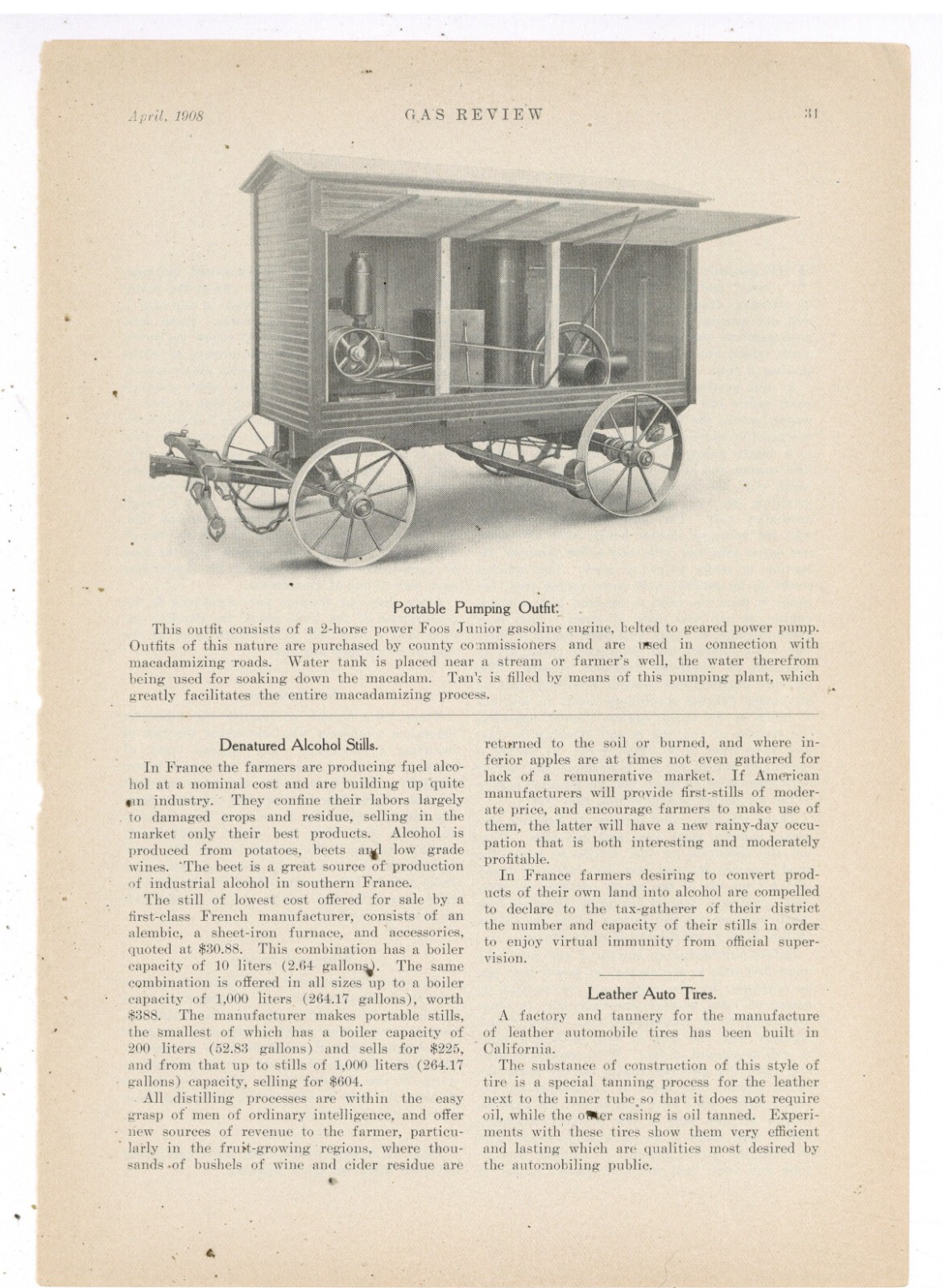 1908 Pic & Caption: Foos Junior Gasoline Engine w/ Power Pump for Roadwork.