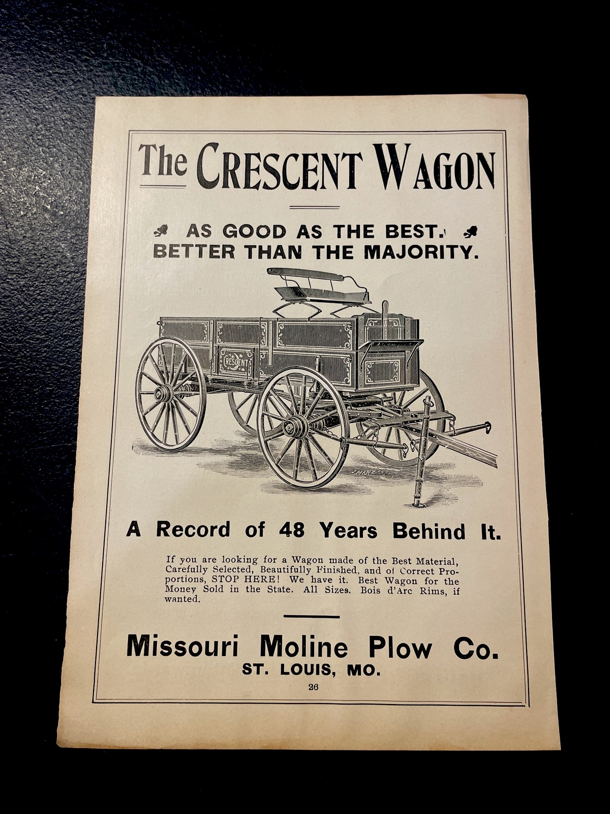 ORIGINAL 1907 Crescent Wagon Farm Advertising – Missouri Moline Plow – St. Louis