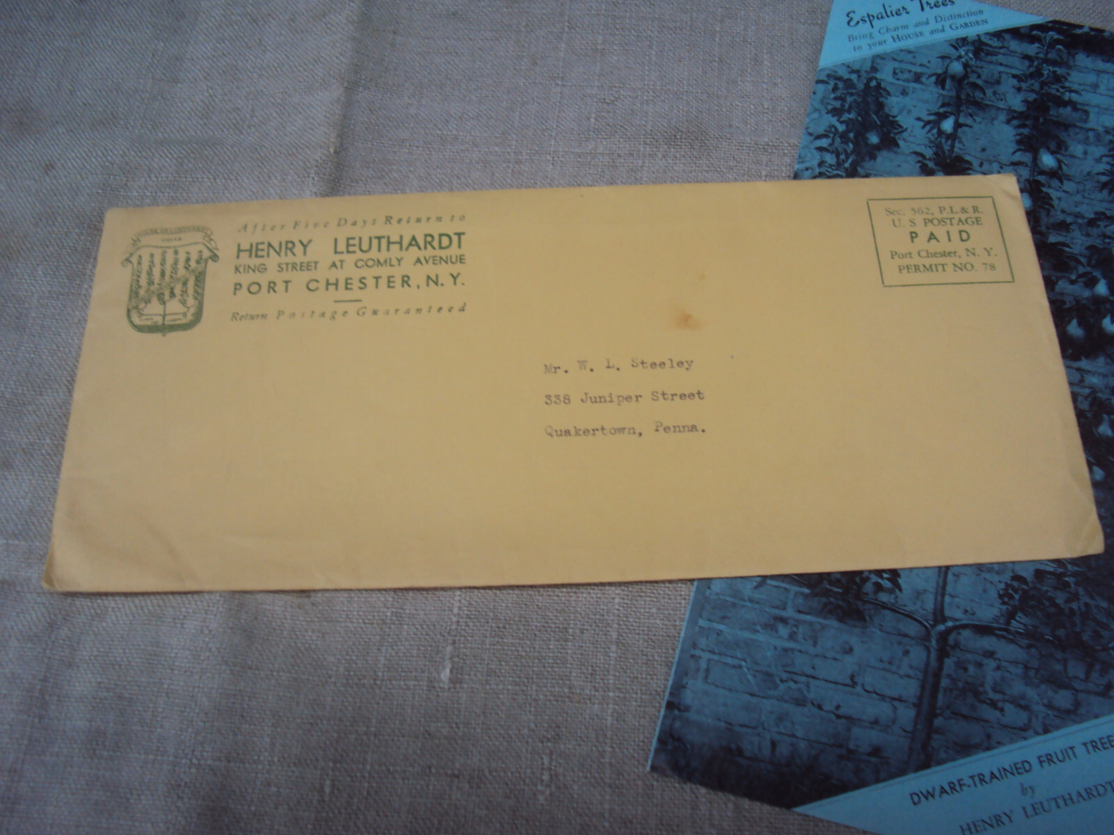 Scarce Vintage Folding Brochure Letter / Envelope Espalier Trees Henry Leuthardt