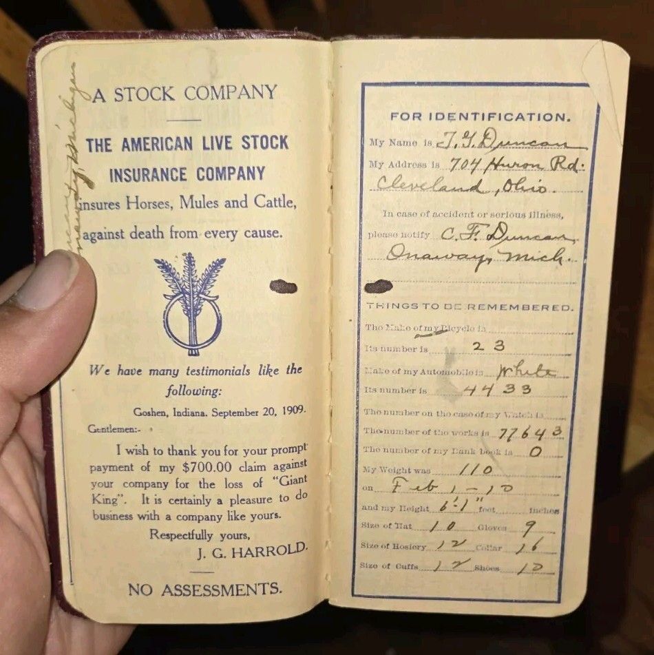 1910 / 1911 farmers ledger American Livestock Insurance Company Indianapolis In