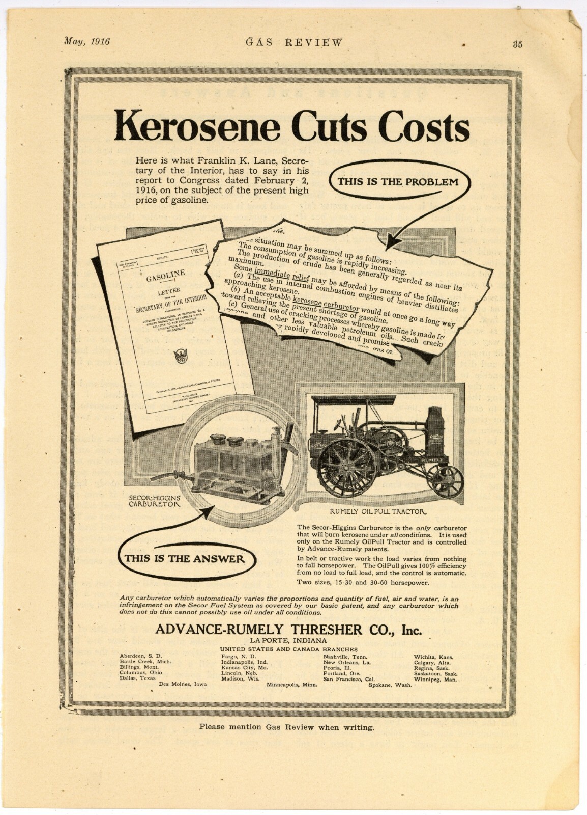 1916 Advance Rumely Thresher Co. Ad: Oil Pull Tractor w/ Kerosene Carburetor