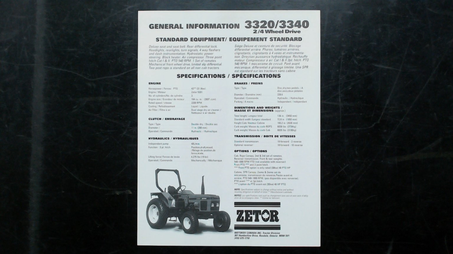 Zetor 3320/3340 Tractor Vintage Agricultural Brochure 2/4 Wheel Drive