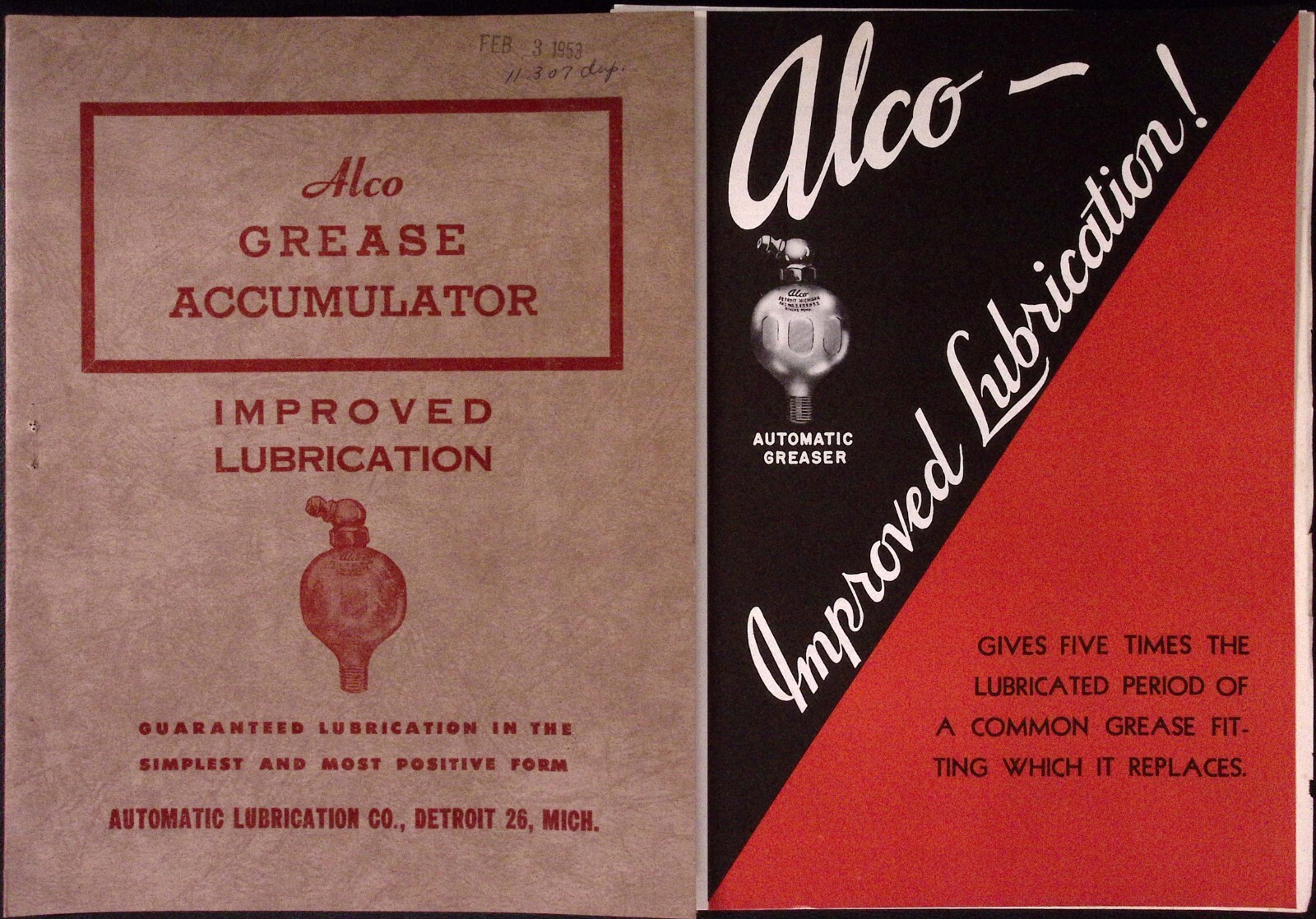 1953 Alco Grease Accumulator Brochure LOT Improved Lubrication Co Detroit MI