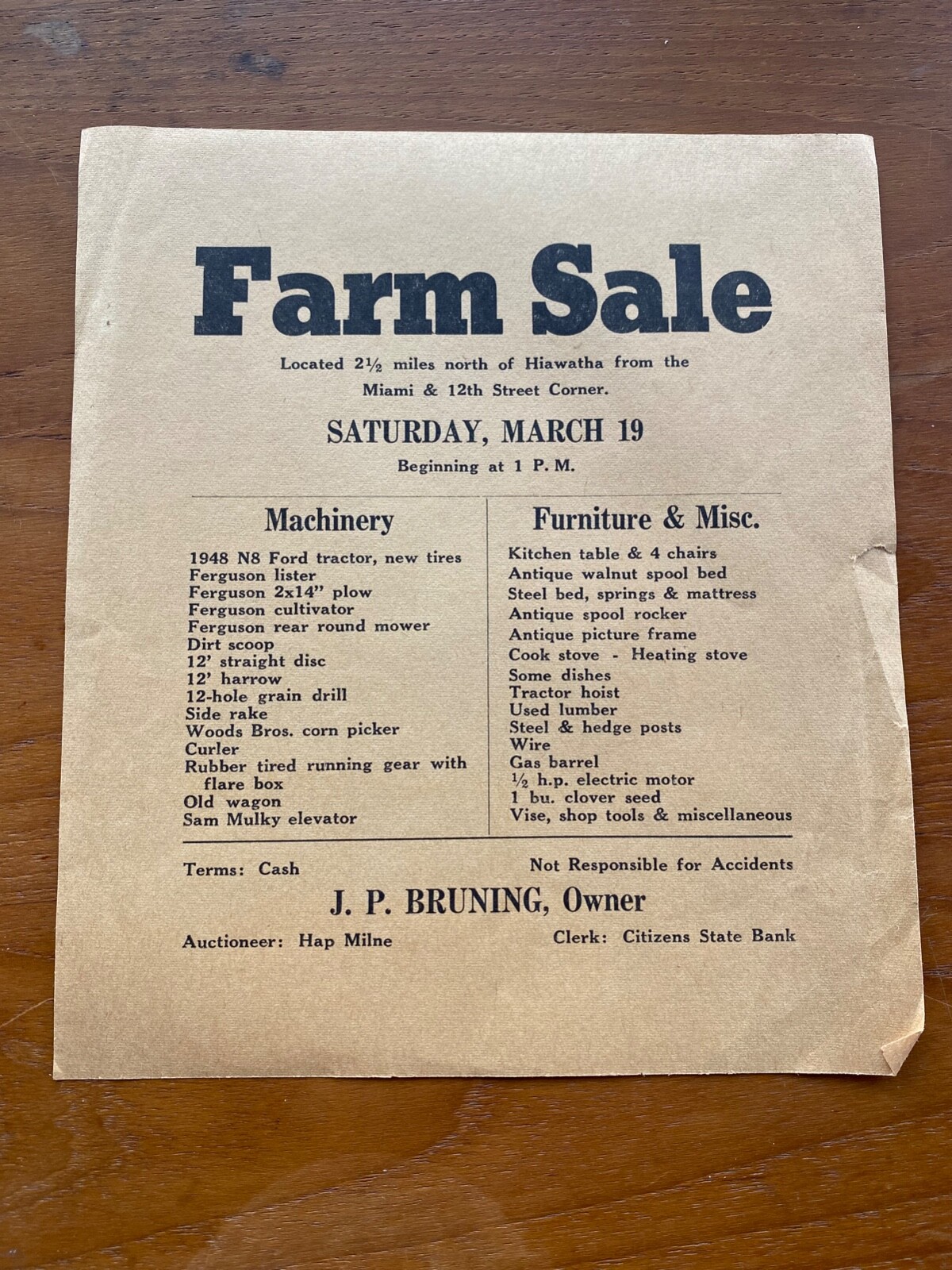 Vintage FARM SALE Advertising Poster Flyer Hiawatha Kansas Machinery Furniture