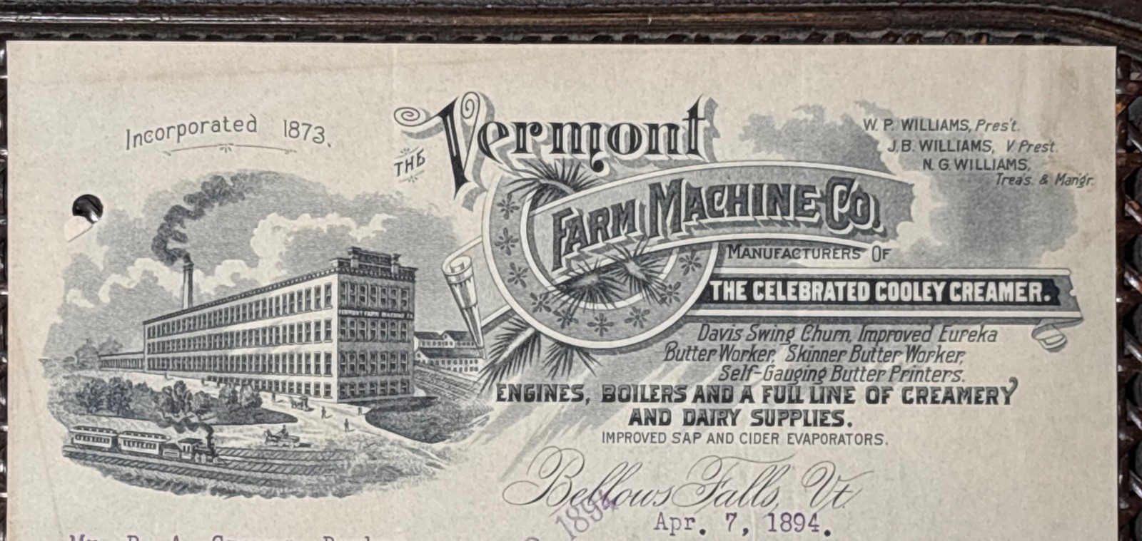 1894 Vermont Farm Machine Co Letterhead Train Locomotive Cooley Creamer