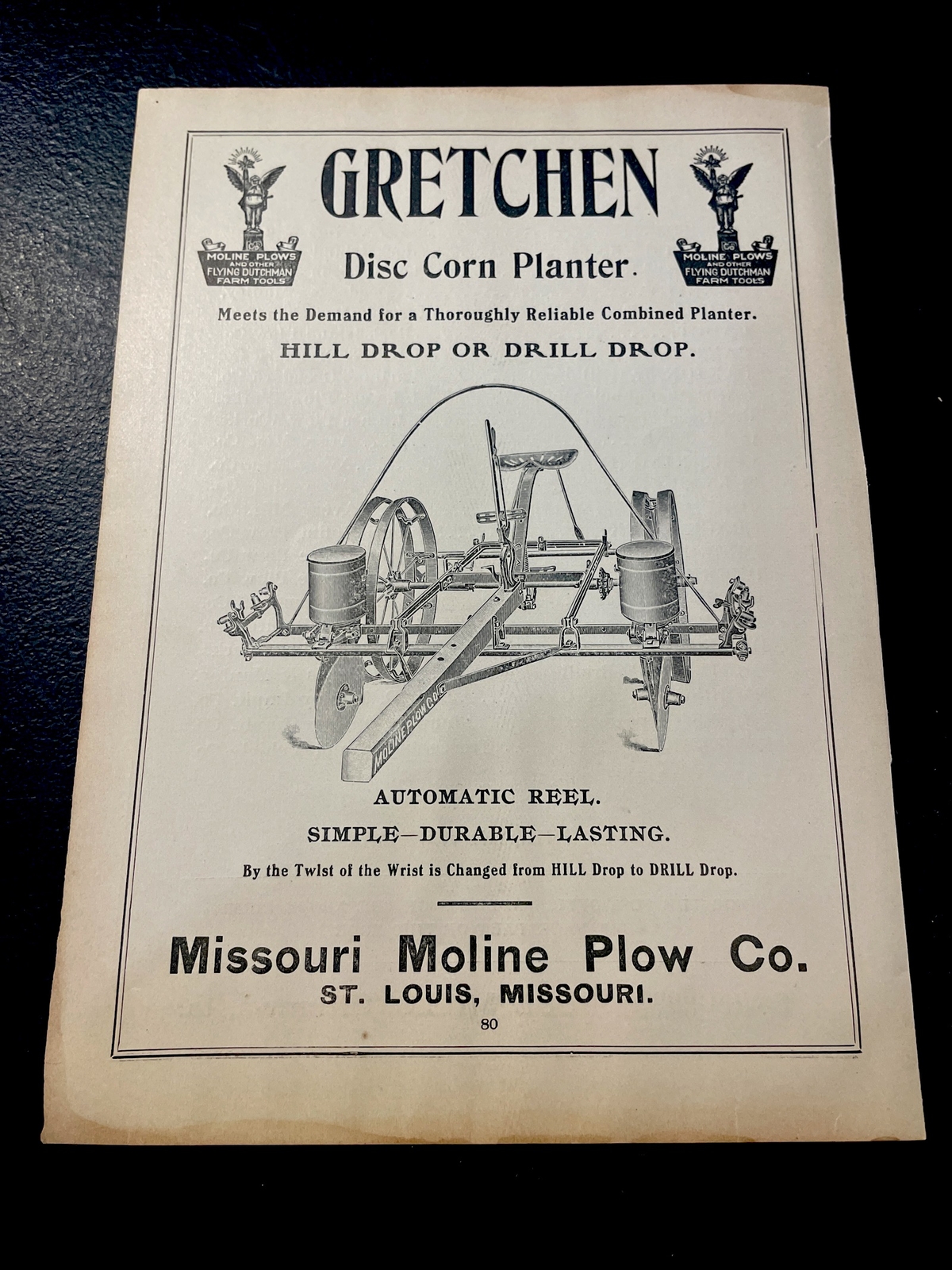 ORIGINAL 1907 Gretchen Planter Farm Advertising -Missouri Moline Plow St. Louis