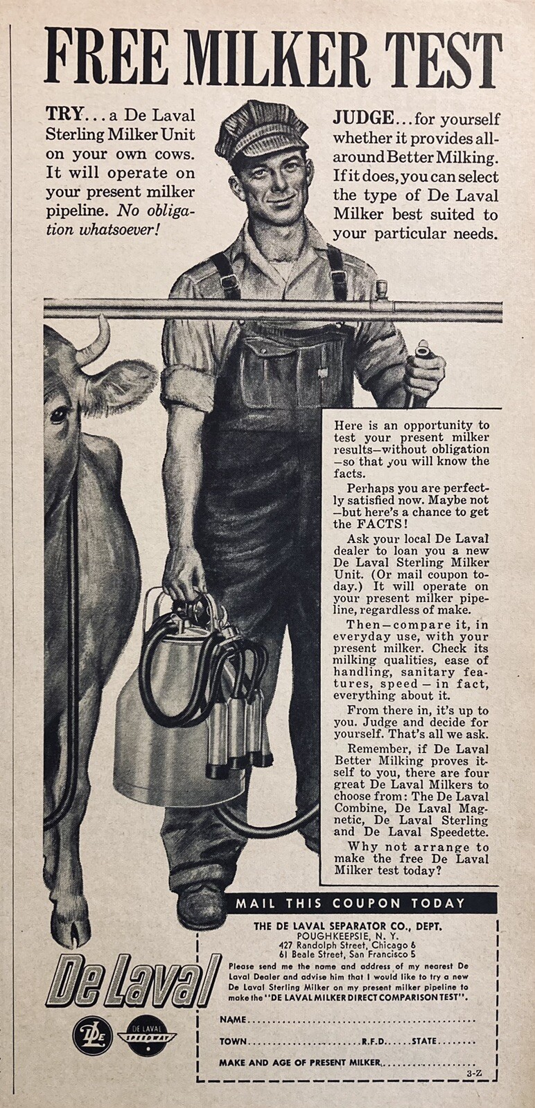 1953 AD(XH63)~THE DE LAVAL SEPARATOR CO. POUGHKEEPSIE, NY. STERLING MILK UNIT