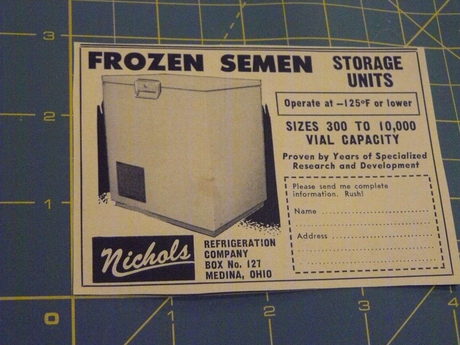 The Farm QRTLY -ADS -SUMMER 1961- NICHOLS FROZEN SEAMEN STORAGE UNIT/ Medina, OH