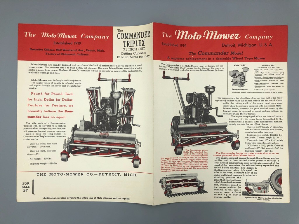 1940s Reel LAWN MOTO- MOWER Vintage COMMANDER Model ADVERTISING Brochure